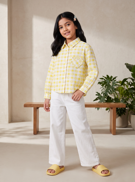 Girls Cotton Yellow Checkered Oversize Fit Shirt