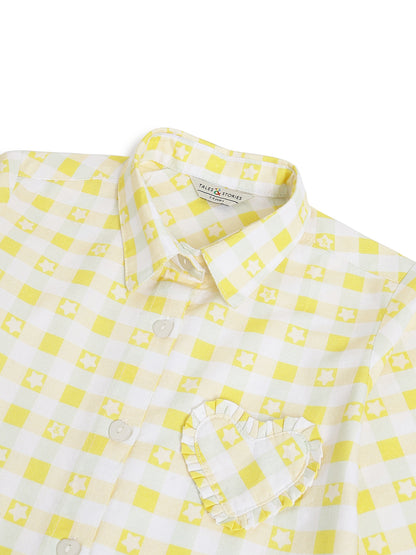 Girls Cotton Yellow Checkered Oversize Fit Shirt