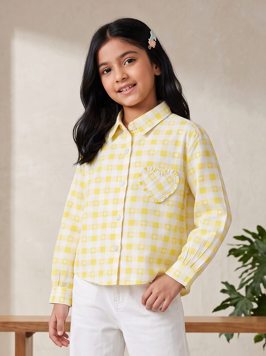 Girls Cotton Yellow Checkered Oversize Fit Shirt