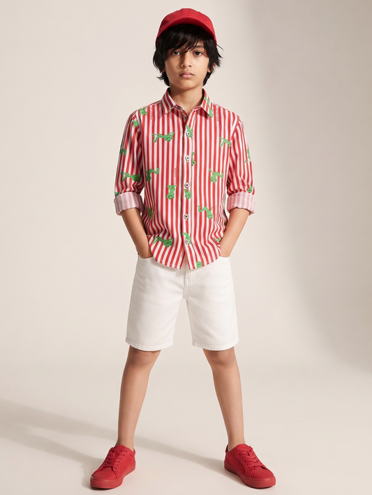 Boys Red Cotton Woven Striped Shirt