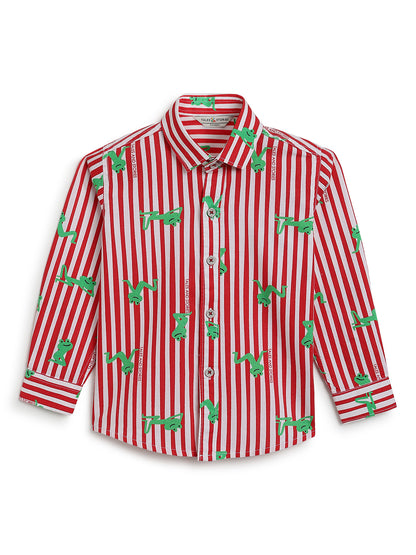 Boys Red Cotton Woven Striped Shirt