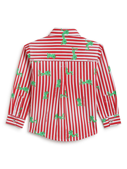 Boys Red Cotton Woven Striped Shirt