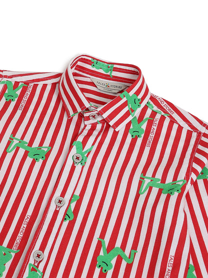 Boys Red Cotton Woven Striped Shirt