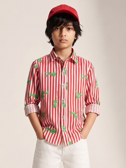 Boys Red Cotton Woven Striped Shirt