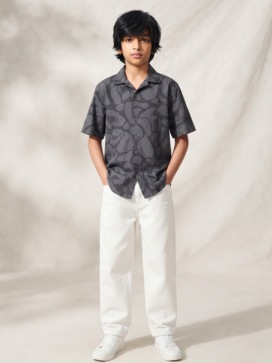 Boys Dark Grey Printed Cotton Casual Shirt