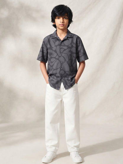 Boys Dark Grey Printed Cotton Casual Shirt