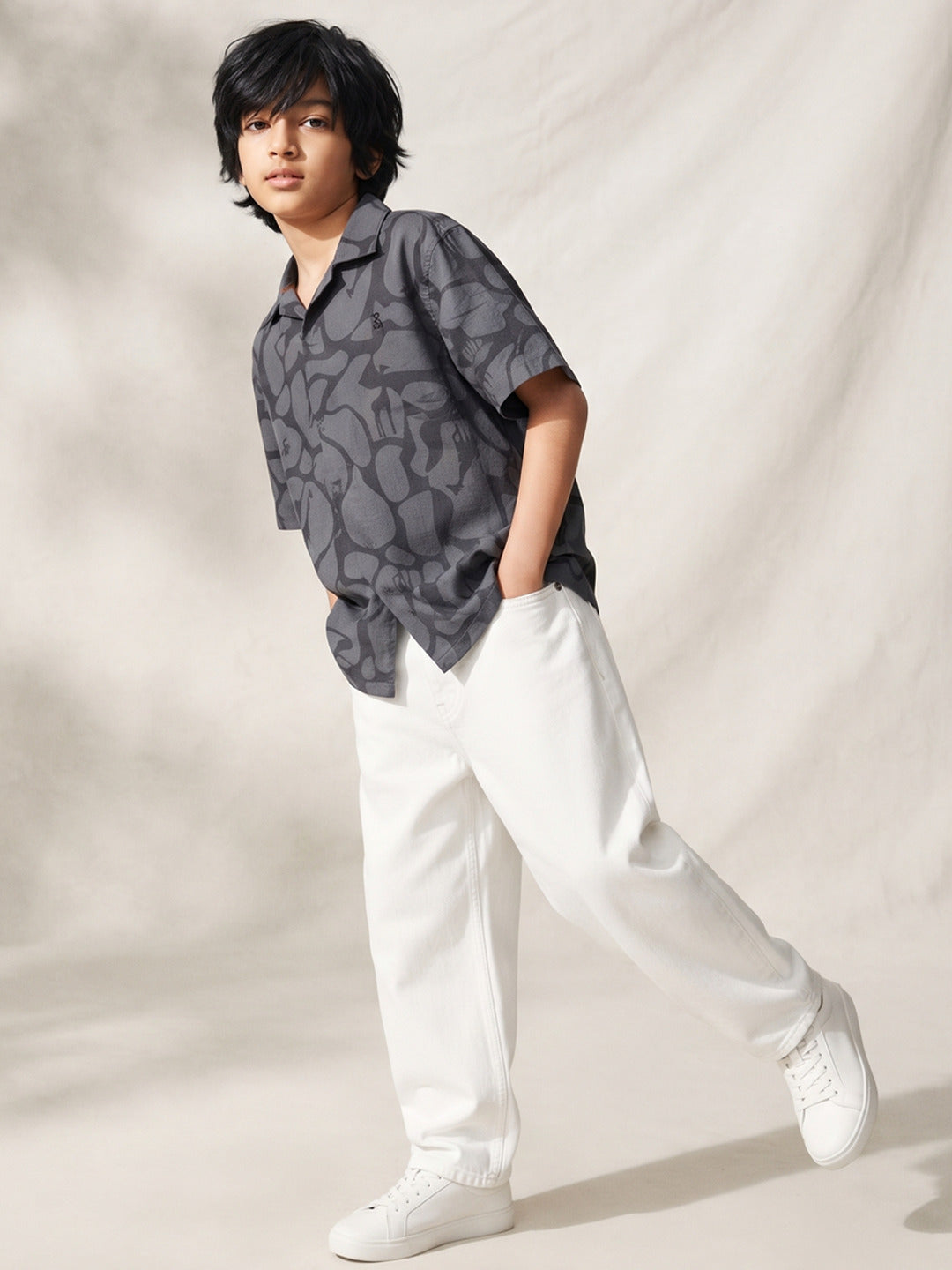 Boys Dark Grey Printed Cotton Casual Shirt