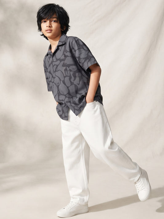 Boys Dark Grey Printed Cotton Casual Shirt