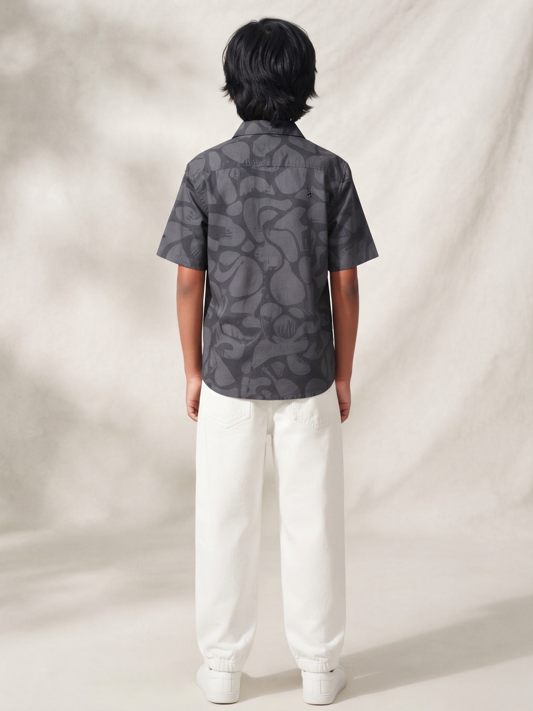 Boys Dark Grey Printed Cotton Casual Shirt