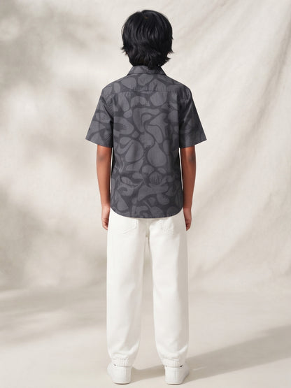 Boys Dark Grey Printed Cotton Casual Shirt