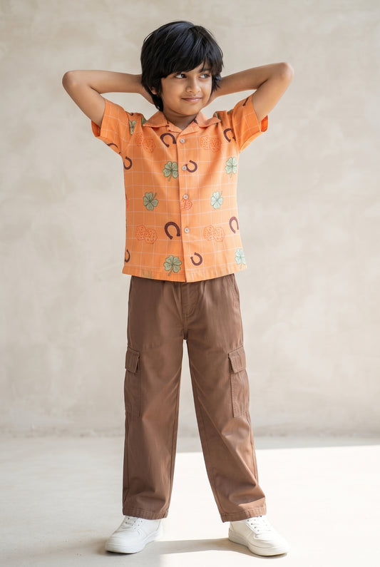 Boys Cotton Orange Printed Casual Shirt