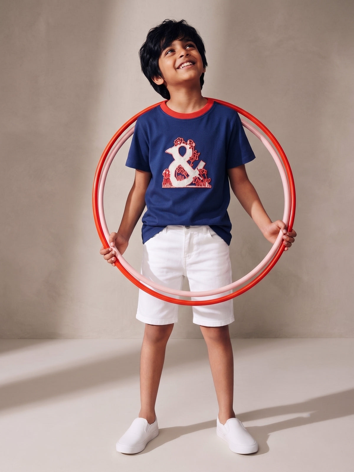 Boys Navy Blue Embroidered Cotton T-Shirt