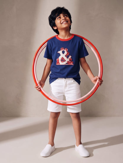 Boys Navy Blue Embroidered Cotton T-Shirt