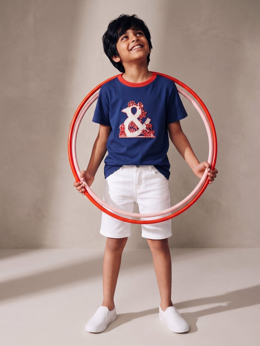 Boys Navy Blue Embroidered Cotton T-Shirt