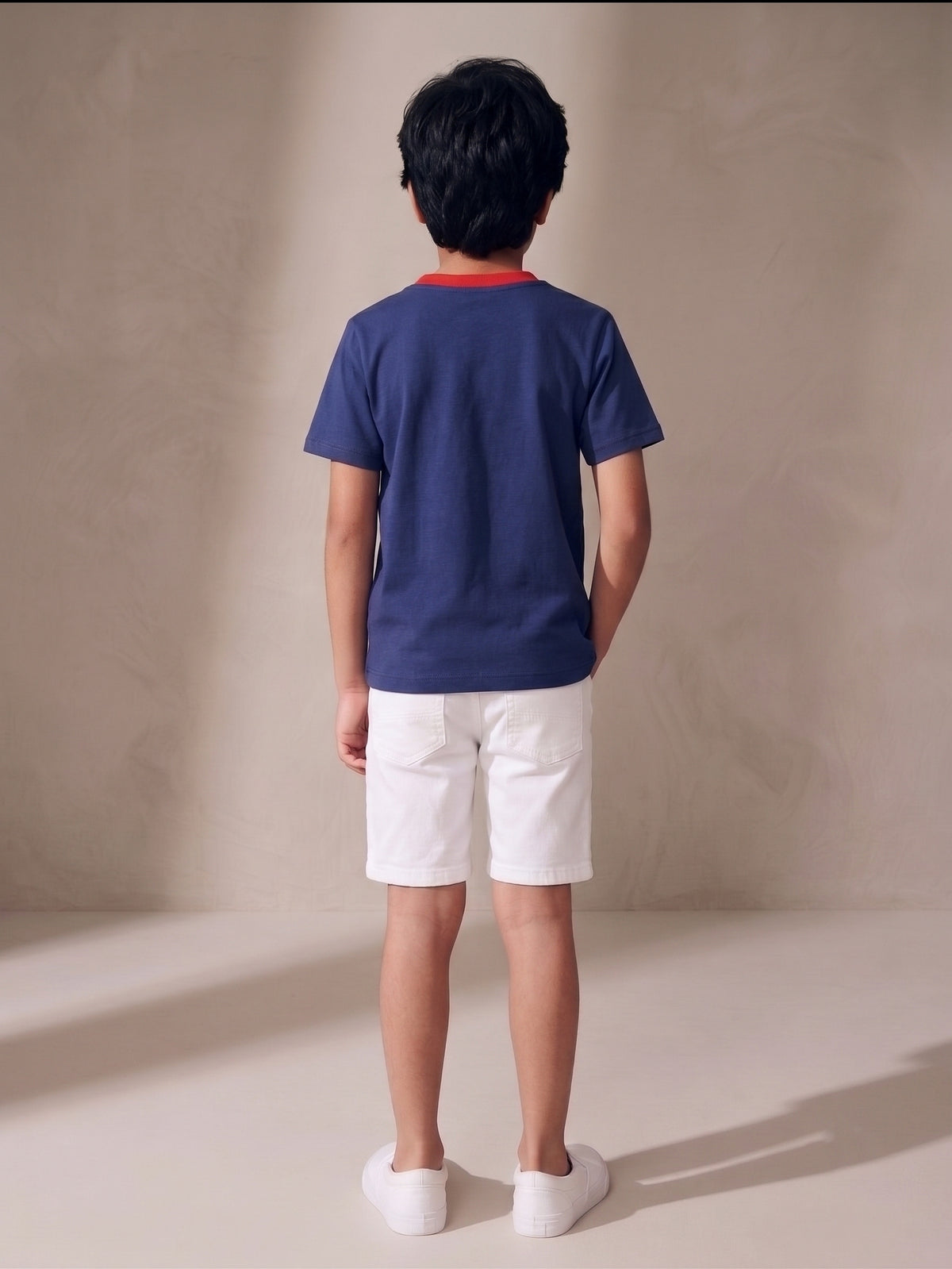 Boys Navy Blue Embroidered Cotton T-Shirt