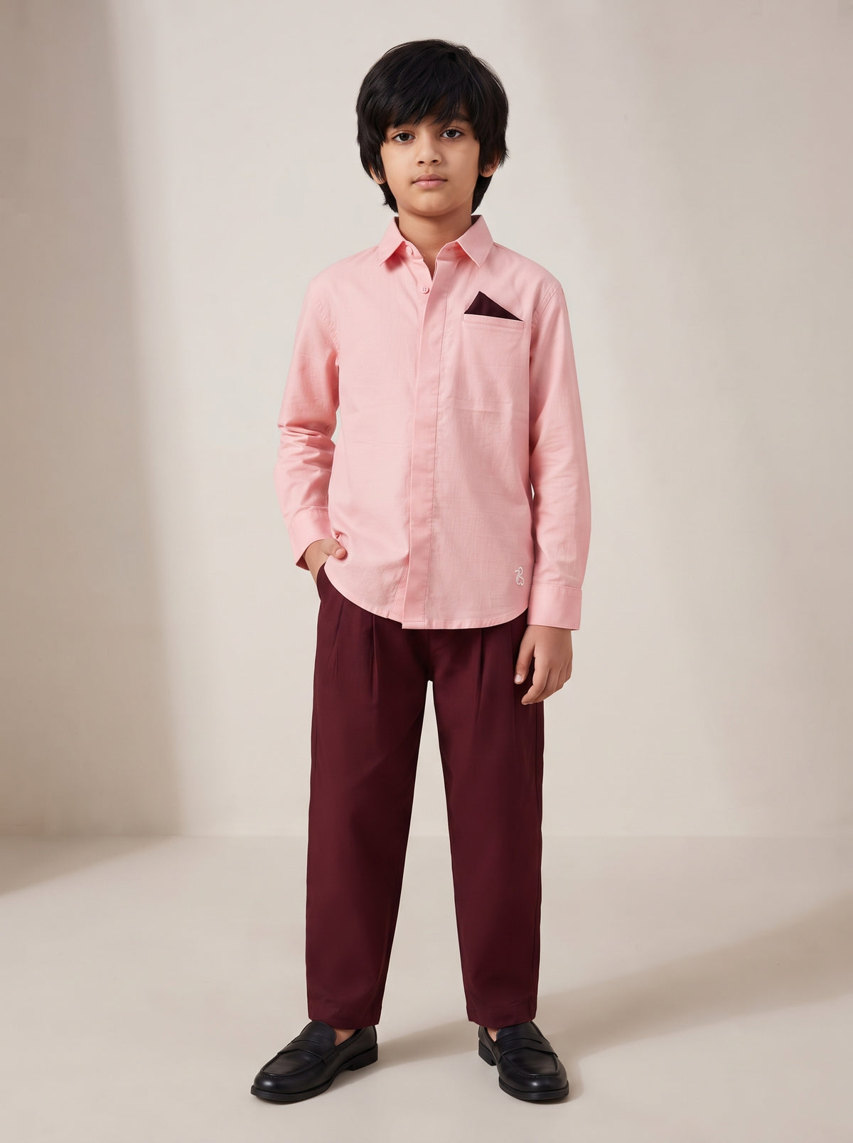 Boys Peach Cotton Lycra Full Sleeve Shirt