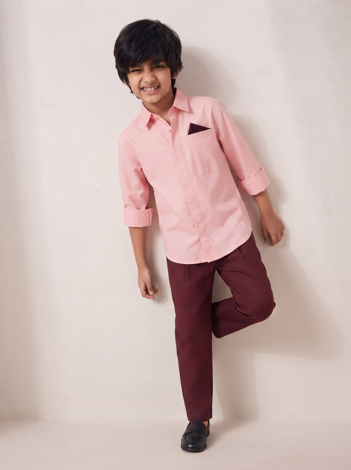 Boys Peach Cotton Lycra Full Sleeve Shirt