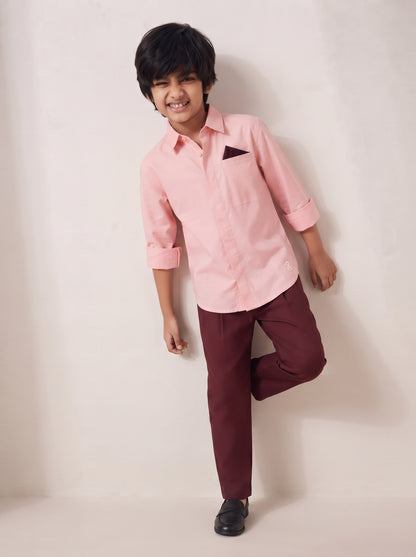 Boys Peach Cotton Lycra Full Sleeve Shirt