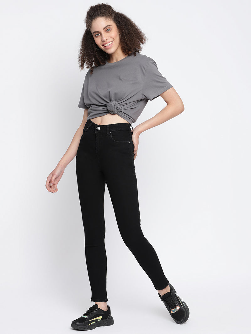 Women Black Denim Lycra Solid Skinny Fit Jeans