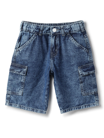 Boys Cotton Denim Look Blue Shirt & Shorts Co-Ord Set