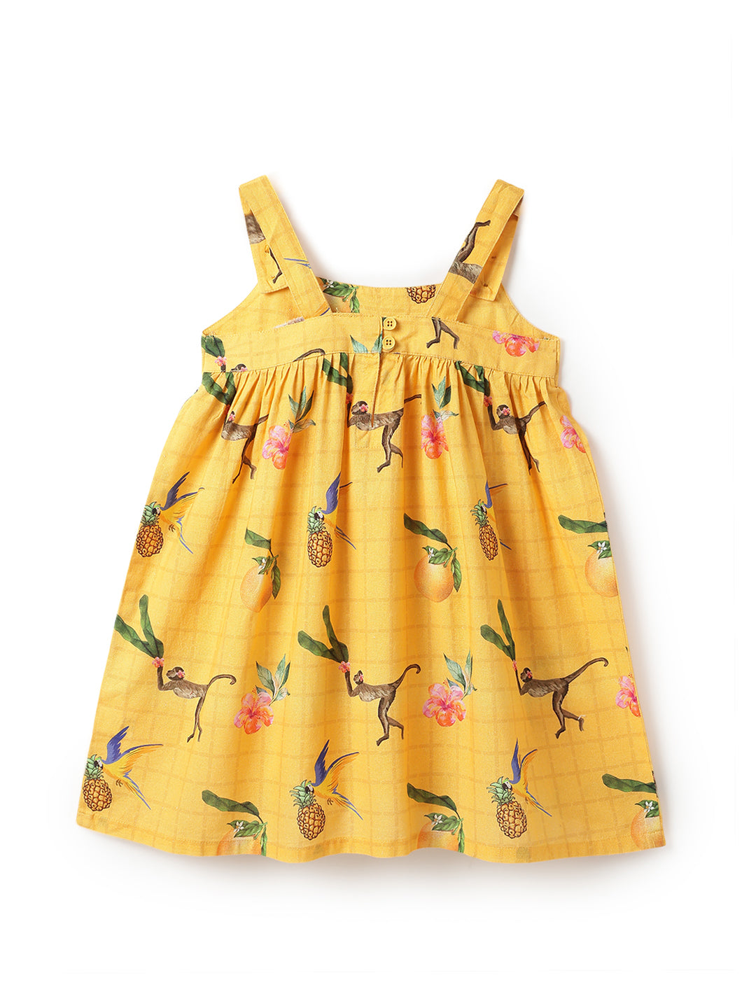 Girls Yellow Floral Printed Cotton Dress with Olive Denim Jacket