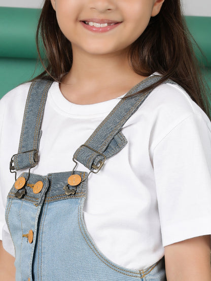 Girls Light Blue Washed Denim Dungarees
