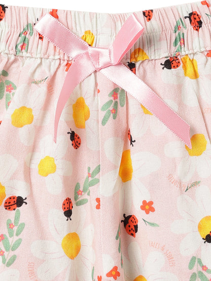 Girls Peach Cotton Printed Shorts