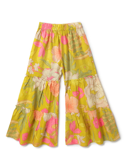 Girls Lime Yellow Printed Top & Sharara Ethnic Set