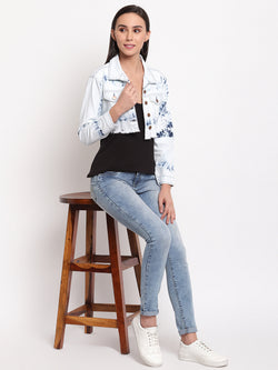 Women Light Blue Fray Hem Denim Jacket