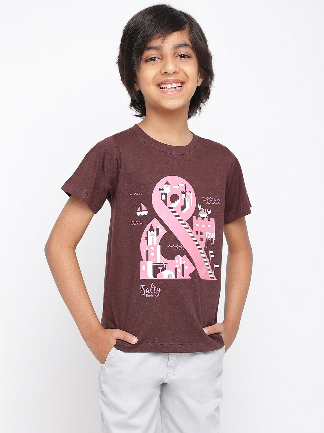 Boys Cotton Brown T-Shirt With Black Denim Solid Slim Fit Joggers