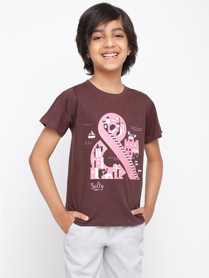 Boys Cotton Brown T-Shirt With Black Denim Solid Slim Fit Joggers