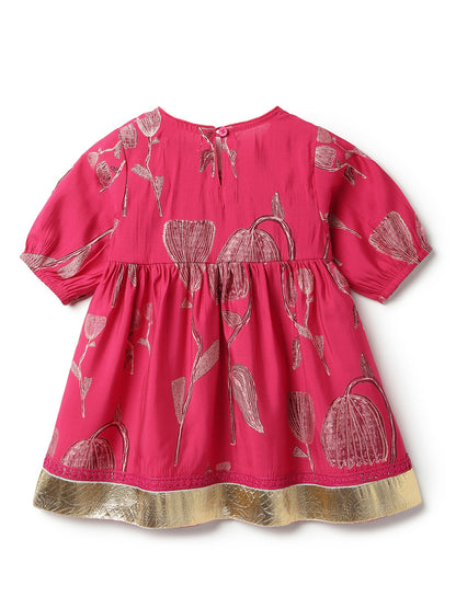 Girls Pink Printed Viscose Round Neck Kurta Set