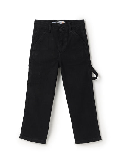 Boys Cotton Orange T-Shirt With Black Lycra Denim Solid Relaxed Fit Jeans