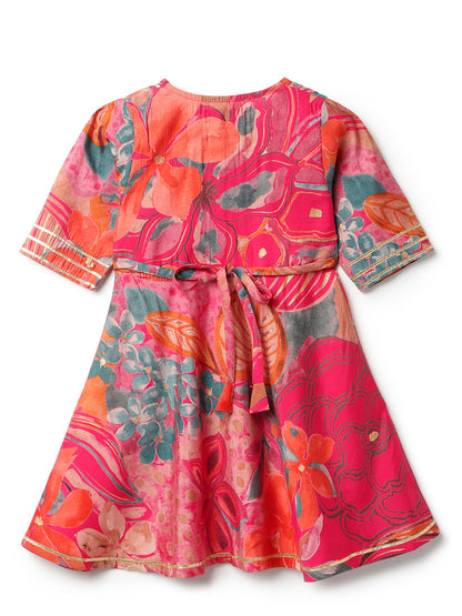 Girls Pink Ethnic Printed Viscose Kurta Set