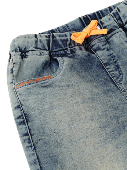 Boys Blue Lycra Solid Denim Joggers