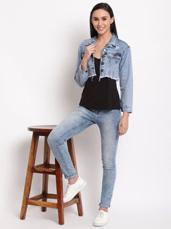 Women Light Blue Fray Hem Cropped Denim Jacket