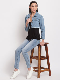 Women Light Blue Cropped Denim Jacket