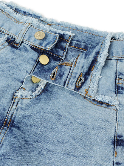 Girls Blue A-Line Lycra Denim Washed Casual Skort