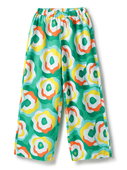 Girls Viscose Green Printed Top & Pant Co-Ord Set