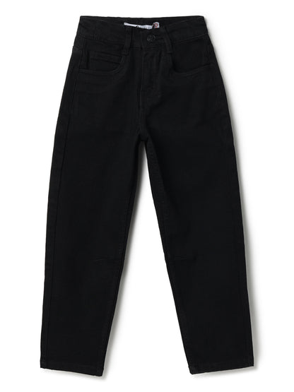 Boys Cotton Solid Blue Shirt With Black Denim Washed Barrel Fit Jeans