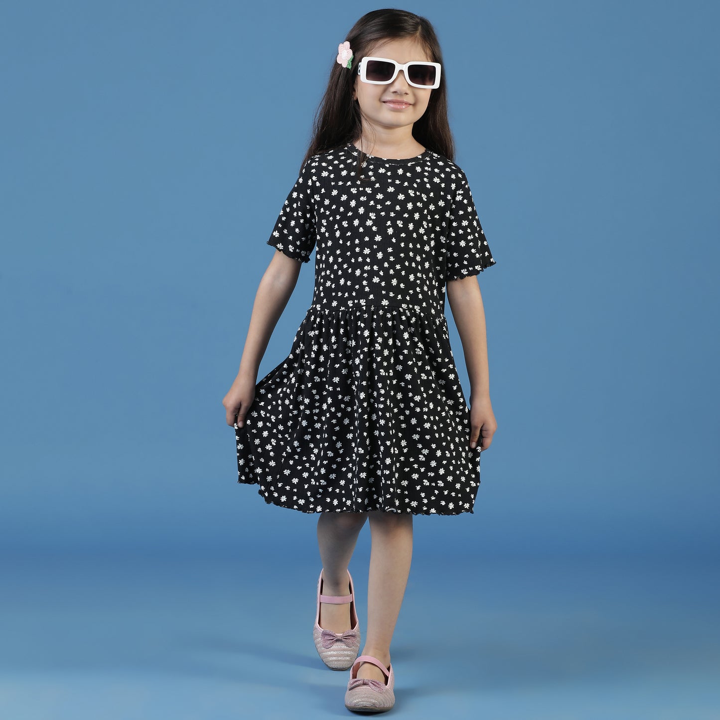 Girls Black Floral A-Line Dress