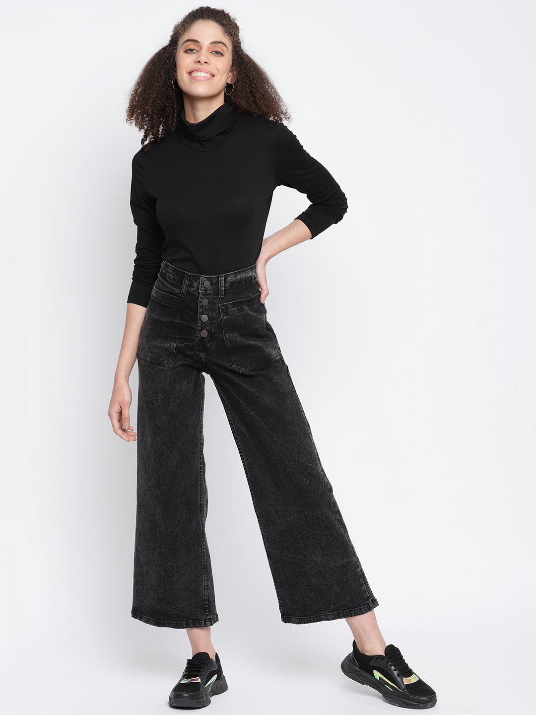 Womens Black Denim Wide Leg  Stretchable Jeans