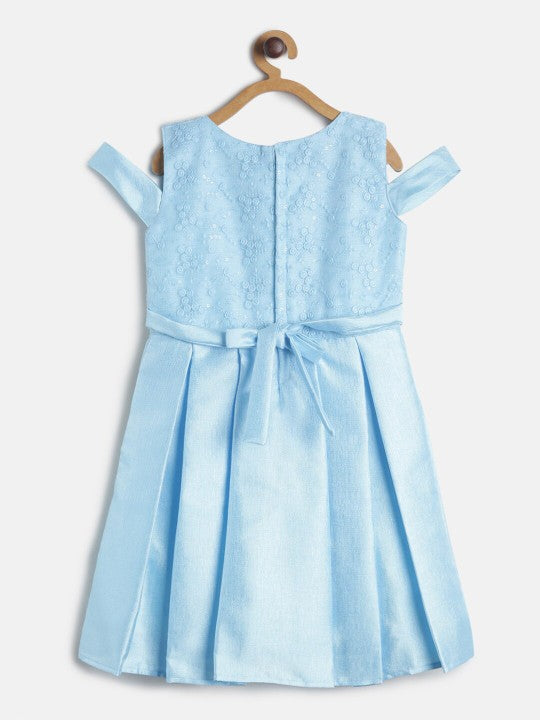 Girls Sky Blue Polyester Embroidered Dress