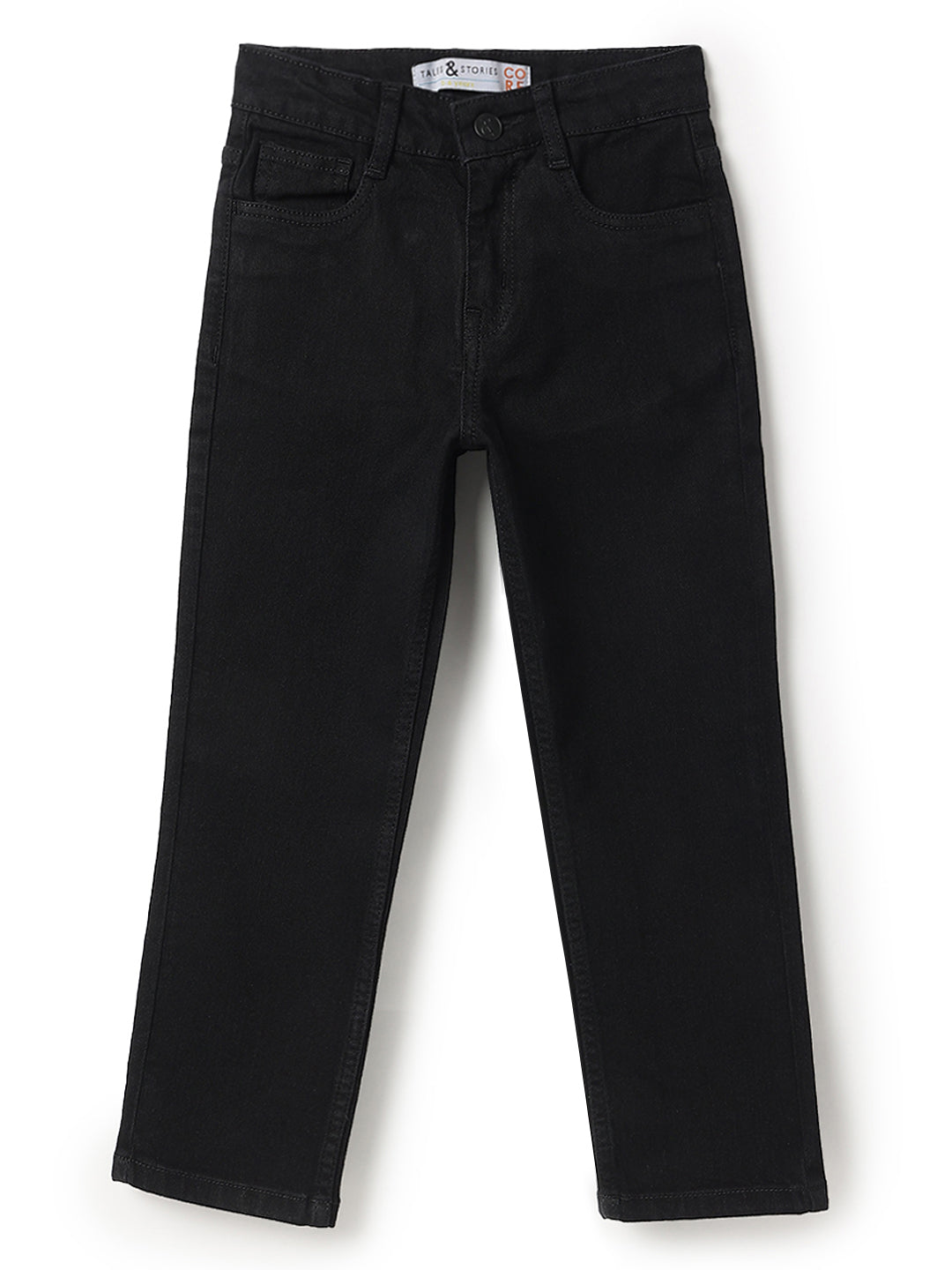 Boys Cotton Peach T-Shirt With Black Denim Washed Straight Fit Jeans