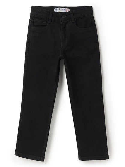 Boys Cotton Peach T-Shirt With Black Denim Washed Straight Fit Jeans