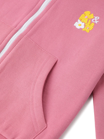 Girls Cotton Poly Solid Pink Hoodie Sweatshirt