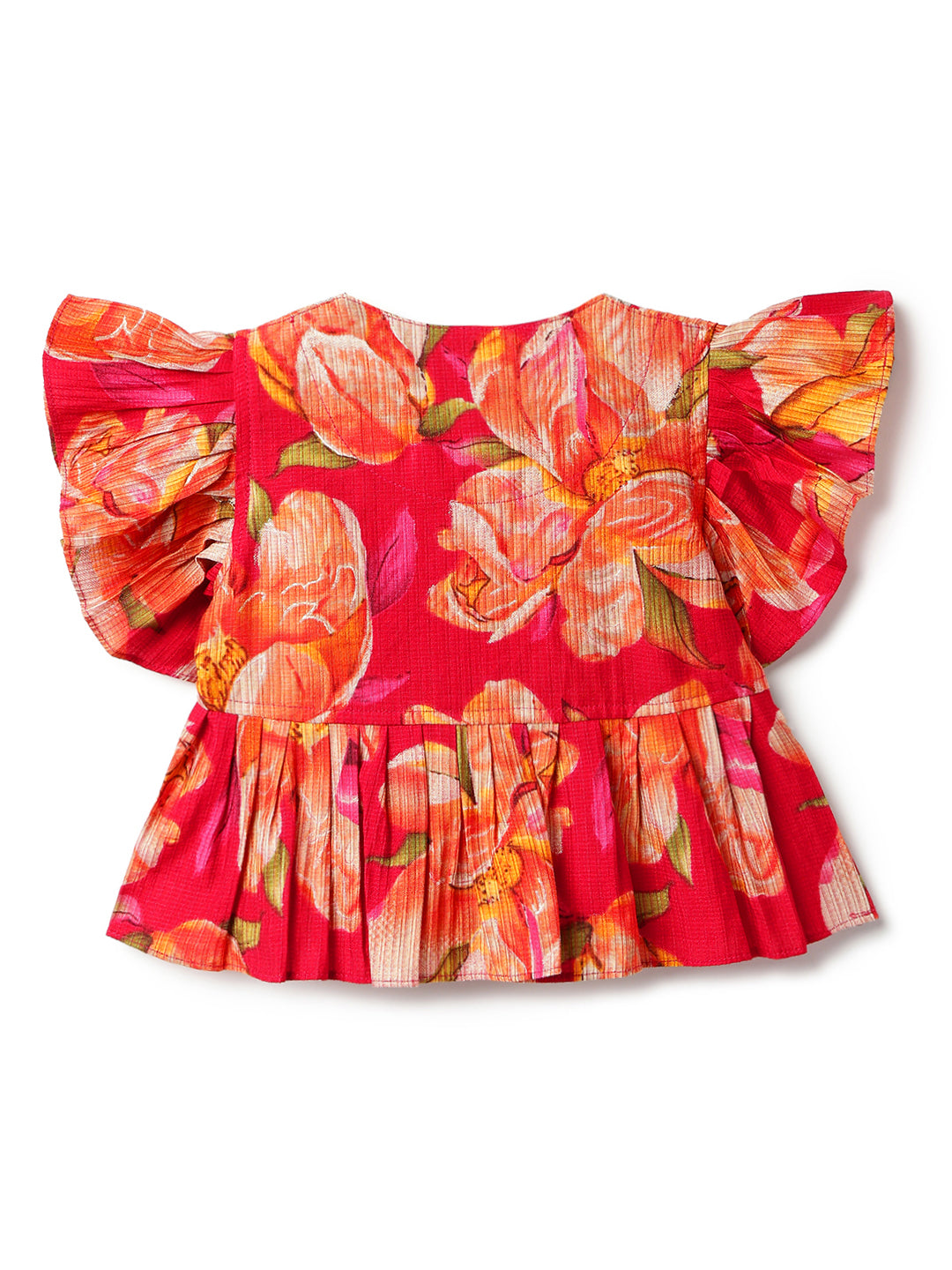 Girls Red Printed V-Neck Viscose Ethnic Kurta Set