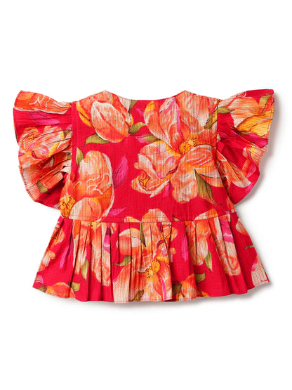 Girls Red Printed V-Neck Viscose Ethnic Kurta Set