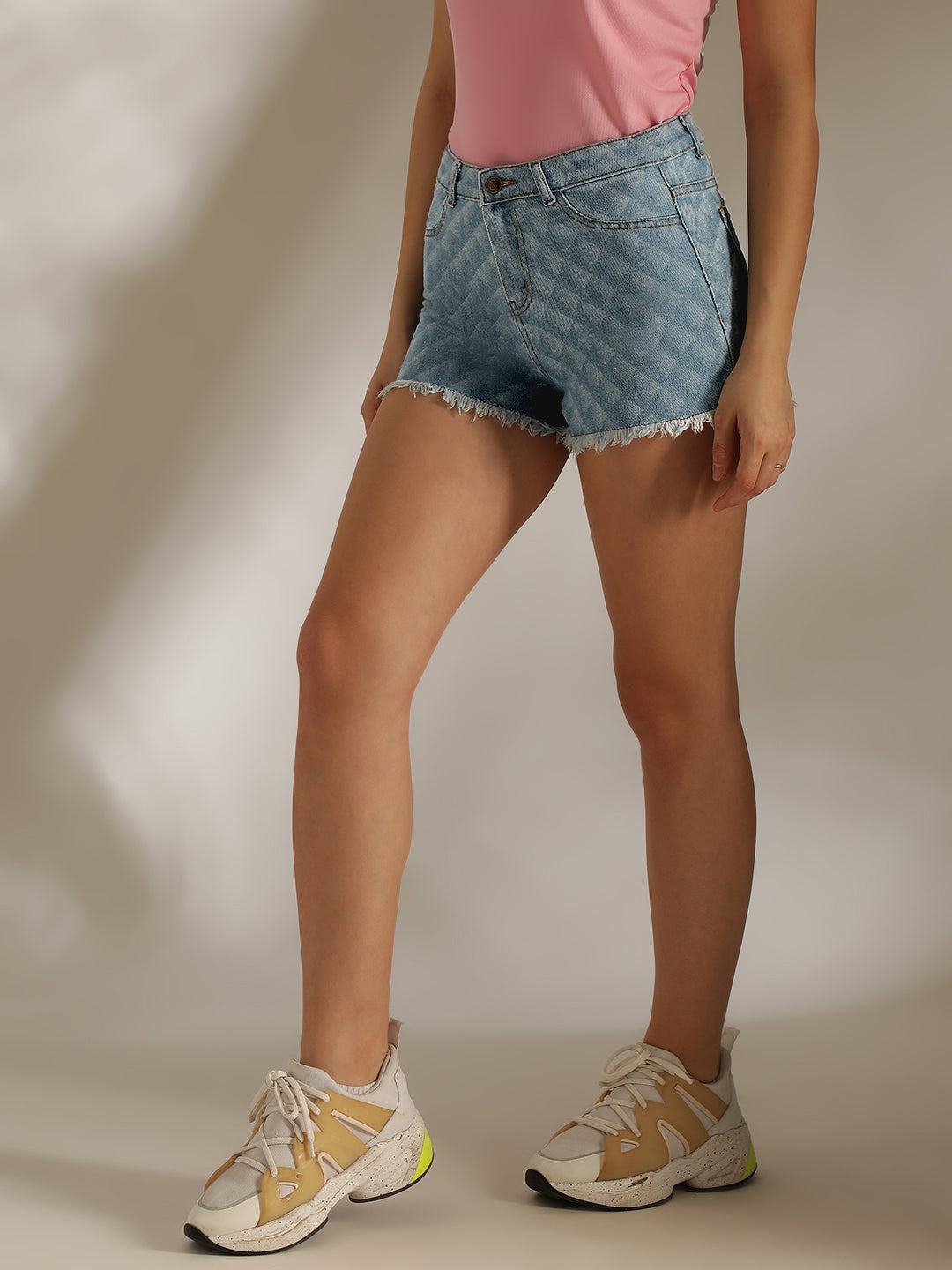 Women Light Blue Printed Denim Shorts