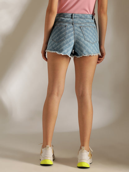 Women Light Blue Printed Denim Shorts
